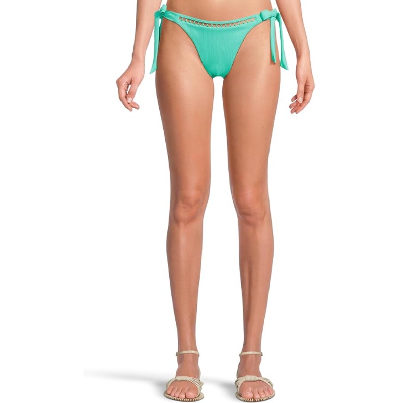 BECCA Modern Edge Demi Bikini Bottom Medium Aqua Sea Green Side Tie Ribbed NWT