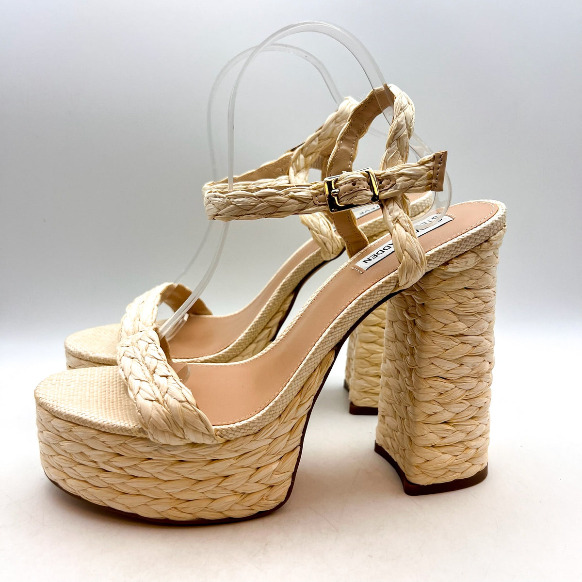 STEVE MADDEN Tiera Platform Heeled Sandals Size 10 Cream Raffia NWOB