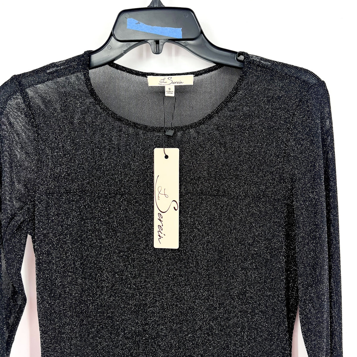 LES SEREIN Long Sleeve Glitter Mesh Sheer Top Small Black Silver Metallic NWT