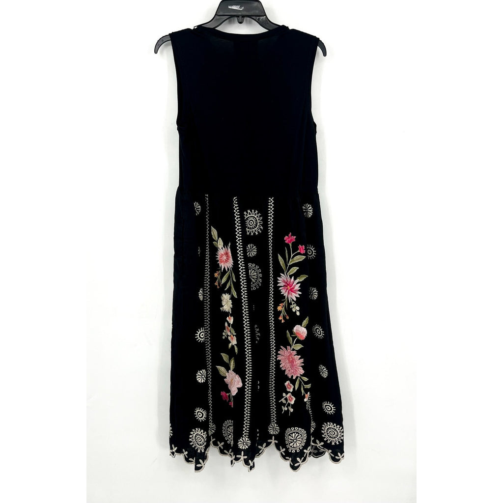 JOHNNY WAS Della Tank Midi Dress Medium Black Floral-Embroidered Linen NWT