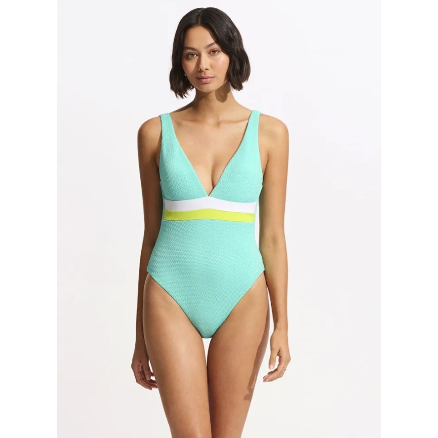 SEAFOLLY Spliced V Neck One Piece Swimsuit Size 10 Green Blue Lime Burst NWT
