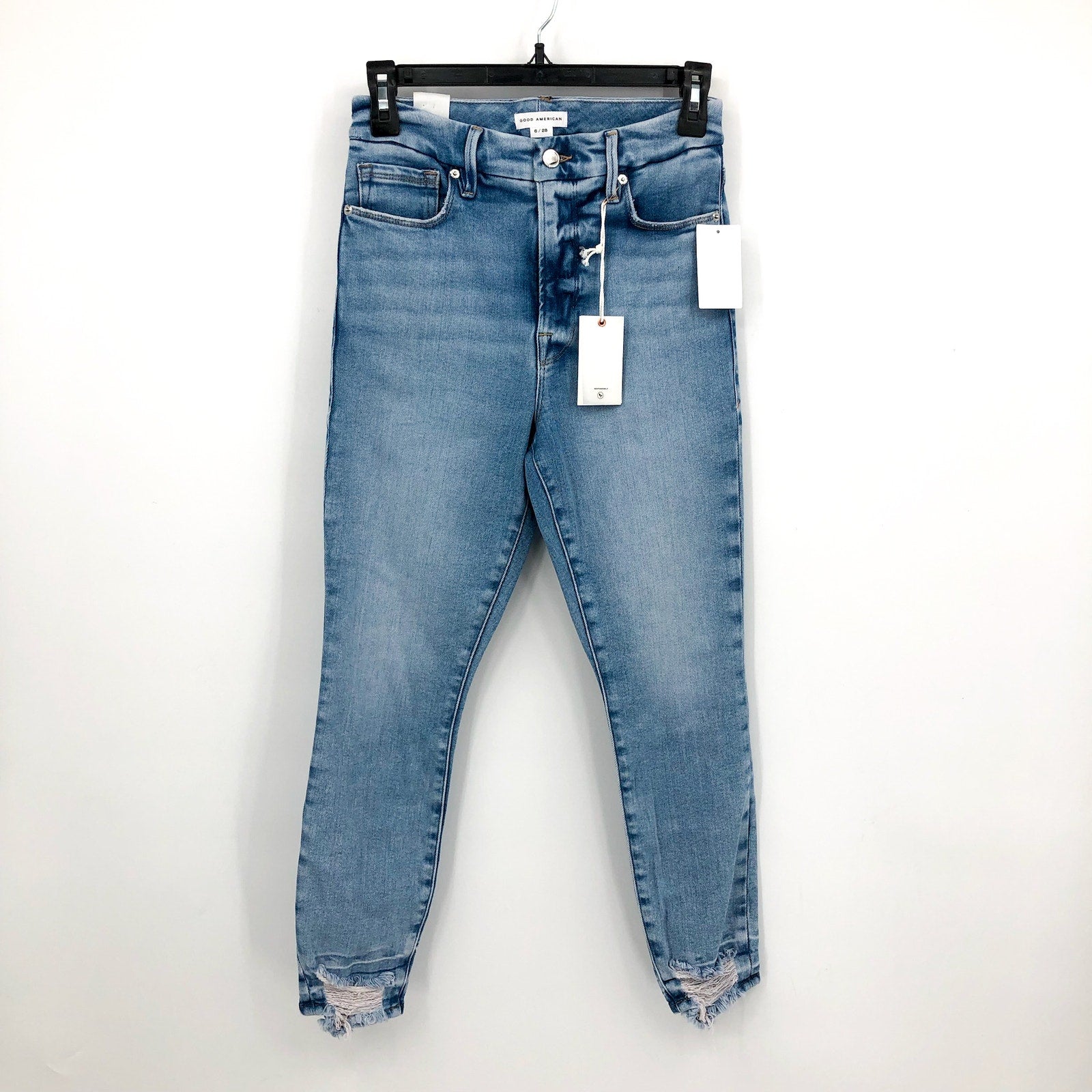 Good American Good Waist Crop Jeans Size 6 28x25 Blue Skinny Leg Raw Hem NWT