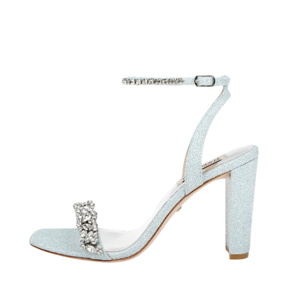 BADGLEY MISCHKA Womens Tasmine Tall Evening Sandals US 6.5 Blue Crystals NIB