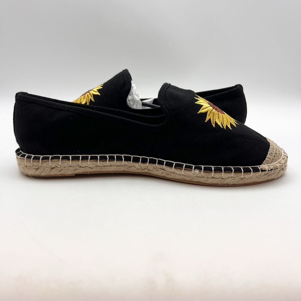 Coldwater Creek Womens Espadrille Flats 8.5 Wide Black Canvas Sunflower NIB