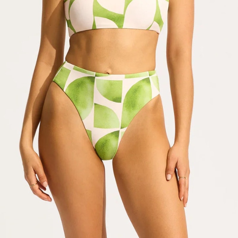SEAFOLLY Women's Sunray Bikini Bottom Size 4 Green Sage Print High Waisted NWT