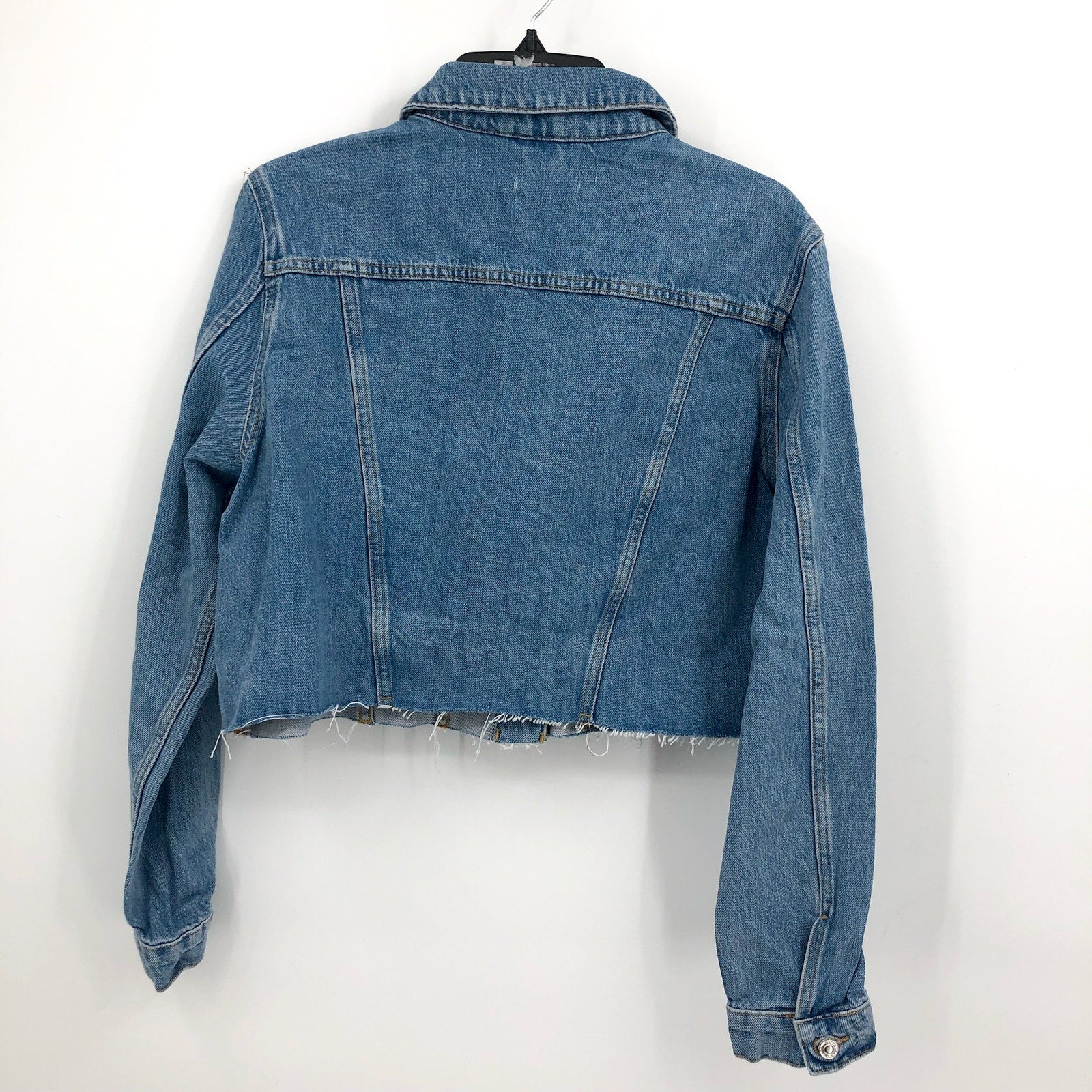 TOPSHOP Womens Cropped Denim Jacket Size 14 Blue Rigid Denim Raw Hem NWT