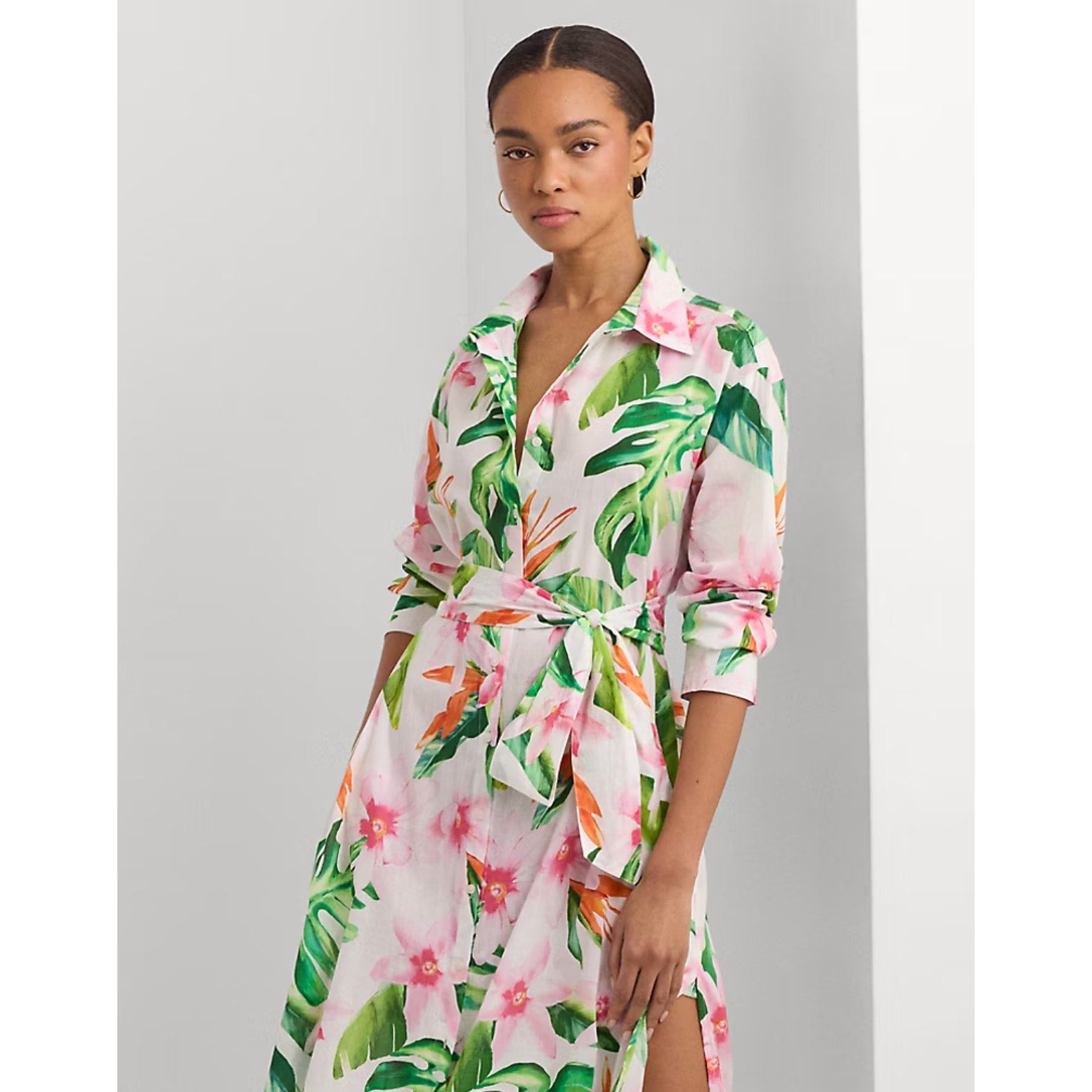 LAUREN RALPH LAUREN Tropical Floral Voile Shirtdress Large White Multi NWT