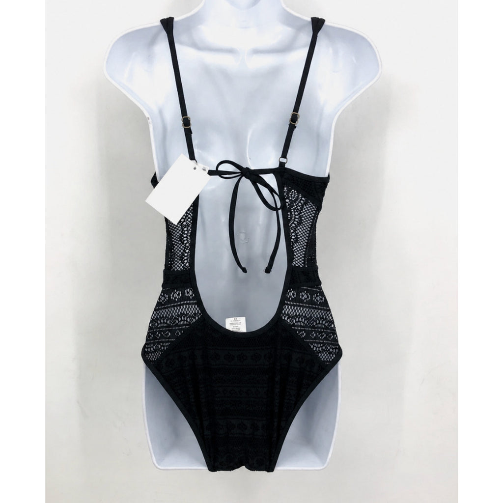 BECCA Womens Color Play Crochet Plunge One Piece Swimsuit Large Black NWT