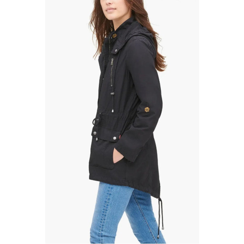 LEVI'S Womens Parachute Hooded Utility Jacket Large Black Drawstring Cotton NWOT