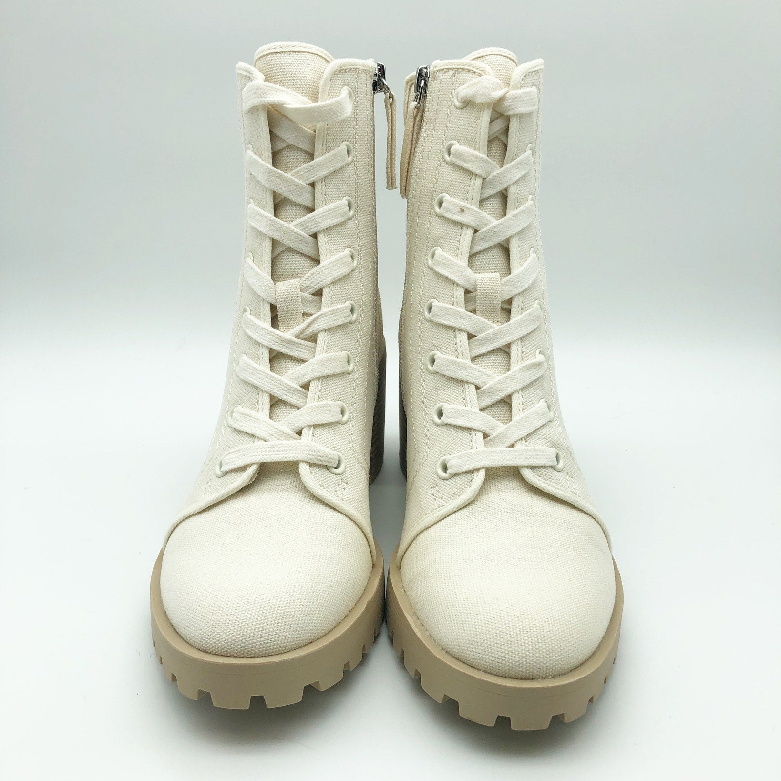 Dolce Vita Womens Combat Boots Size 10 Stacked Heel Off White Canvas NWOB
