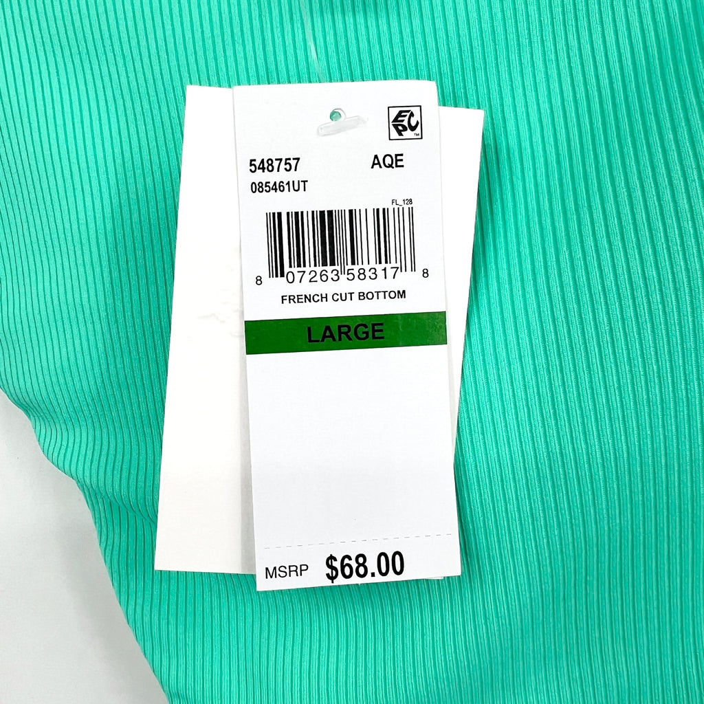 BECCA High Waist Bikini Bottoms Large Green Aqua Sea Modern Edge Cut Out NWT