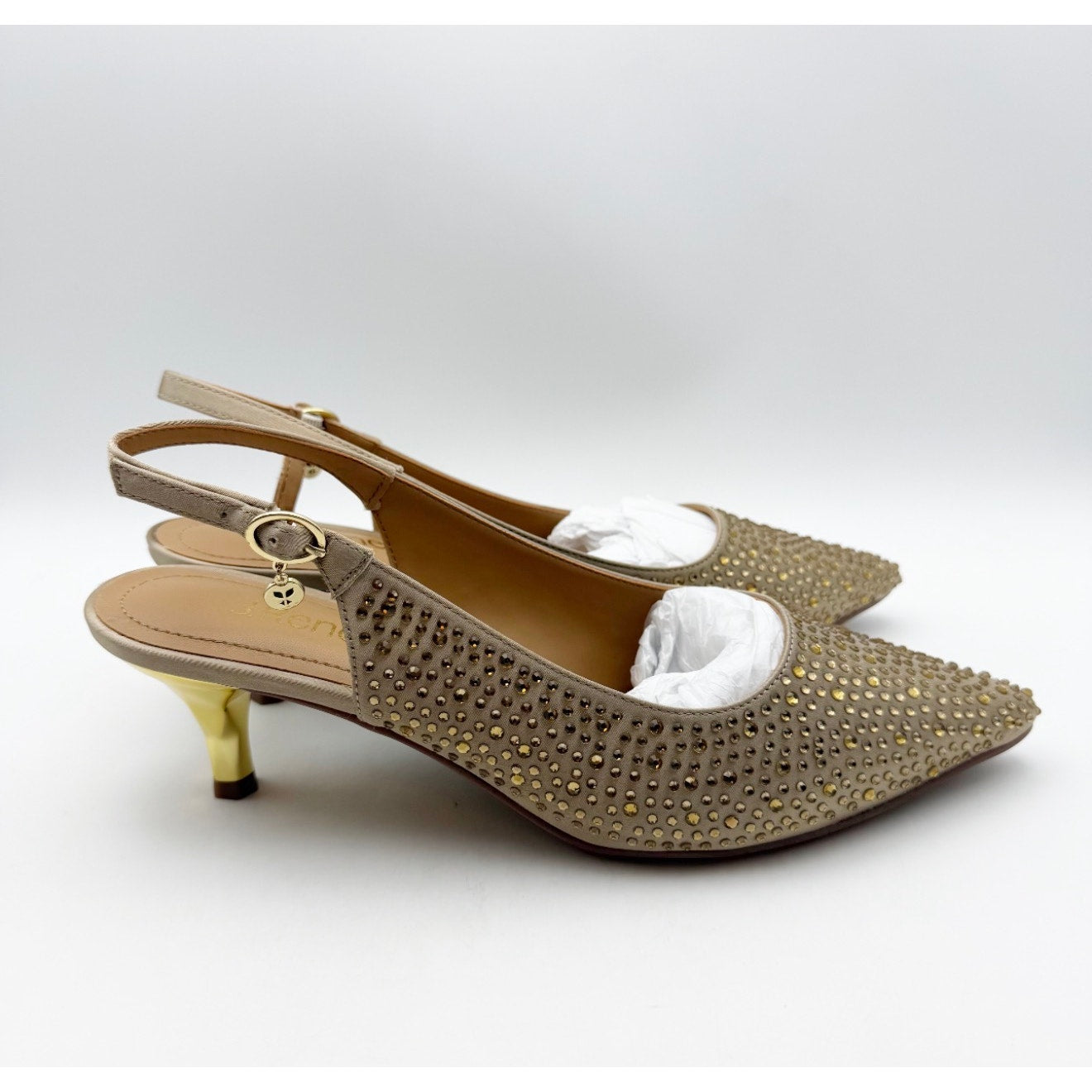 J. Renee Womens Ferryanne Kitten Heels Size 9 Wide Beige Satin Rhinestone NIB