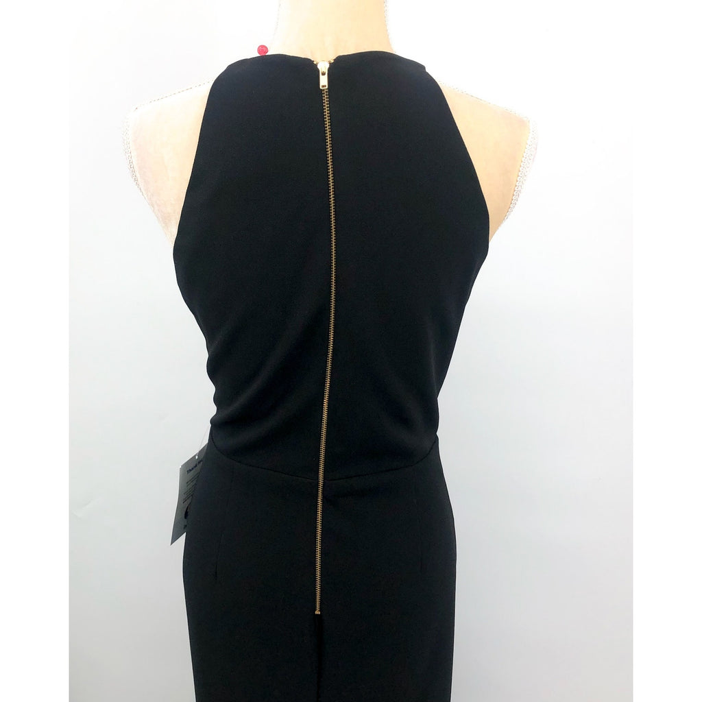 BETSY & ADAM Womens Arielle Scuba Crepe Ruffle Slit Gown 12 Black Sleeveless NWT