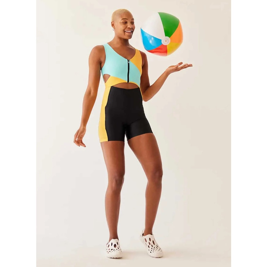 OUTDOOR VOICES Women SplashKnit 6" Bodysuit XS Colorblock Black Teal Yellow NWT