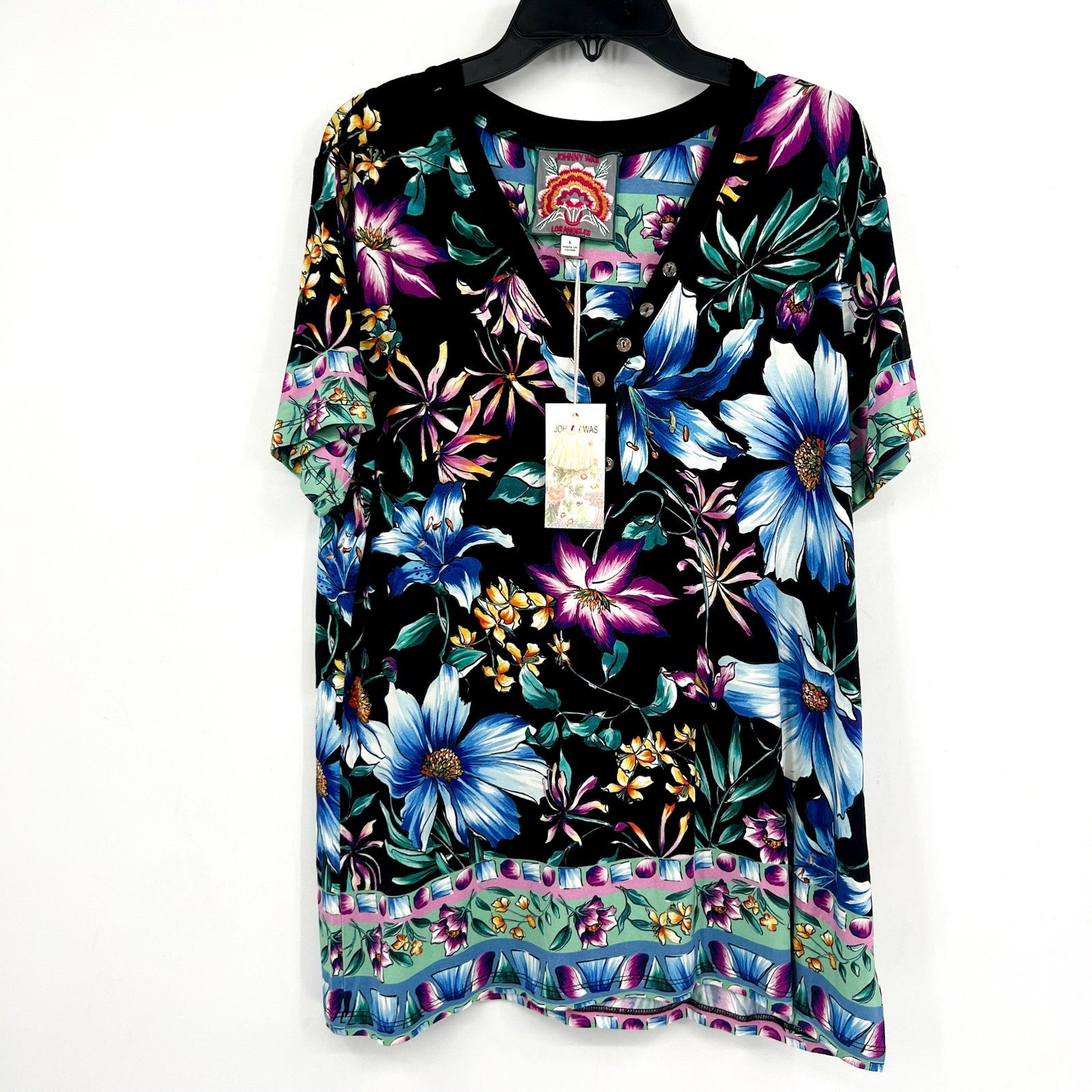 JOHNNY WAS The Janie Favorite Henley Tee Large Jumono Black Short Sleeve NWT