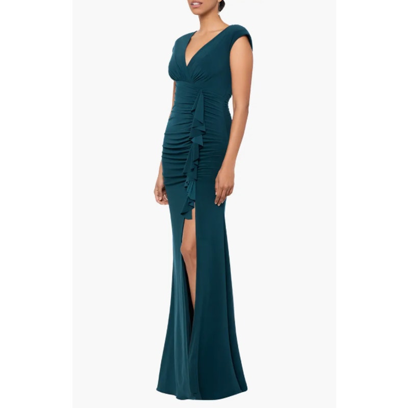 XSCAPE Women's Ruffle Front Gown Dress Size 4 Pine Green Long Dress NWT