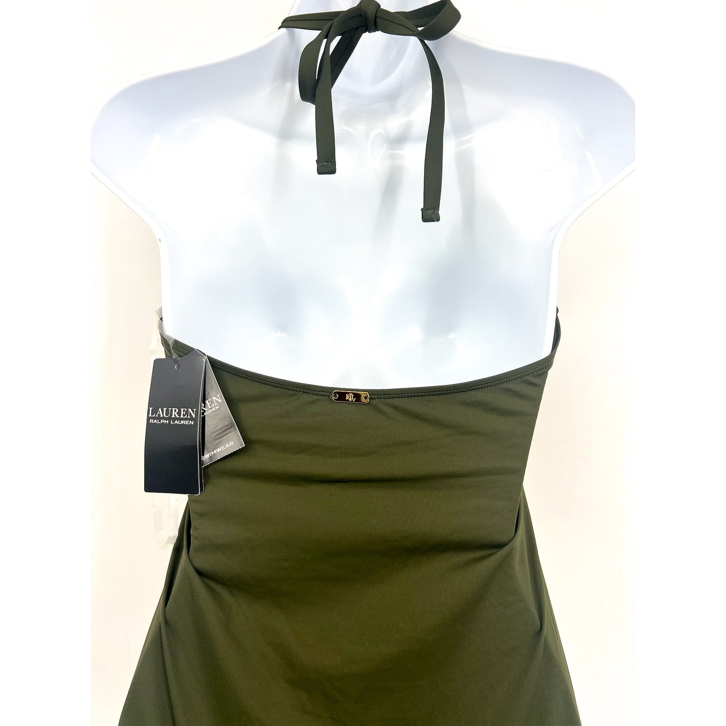 LAUREN RALPH LAUREN High Neck One-Piece Swimsuit 10 Olive Green Beach Club NWT