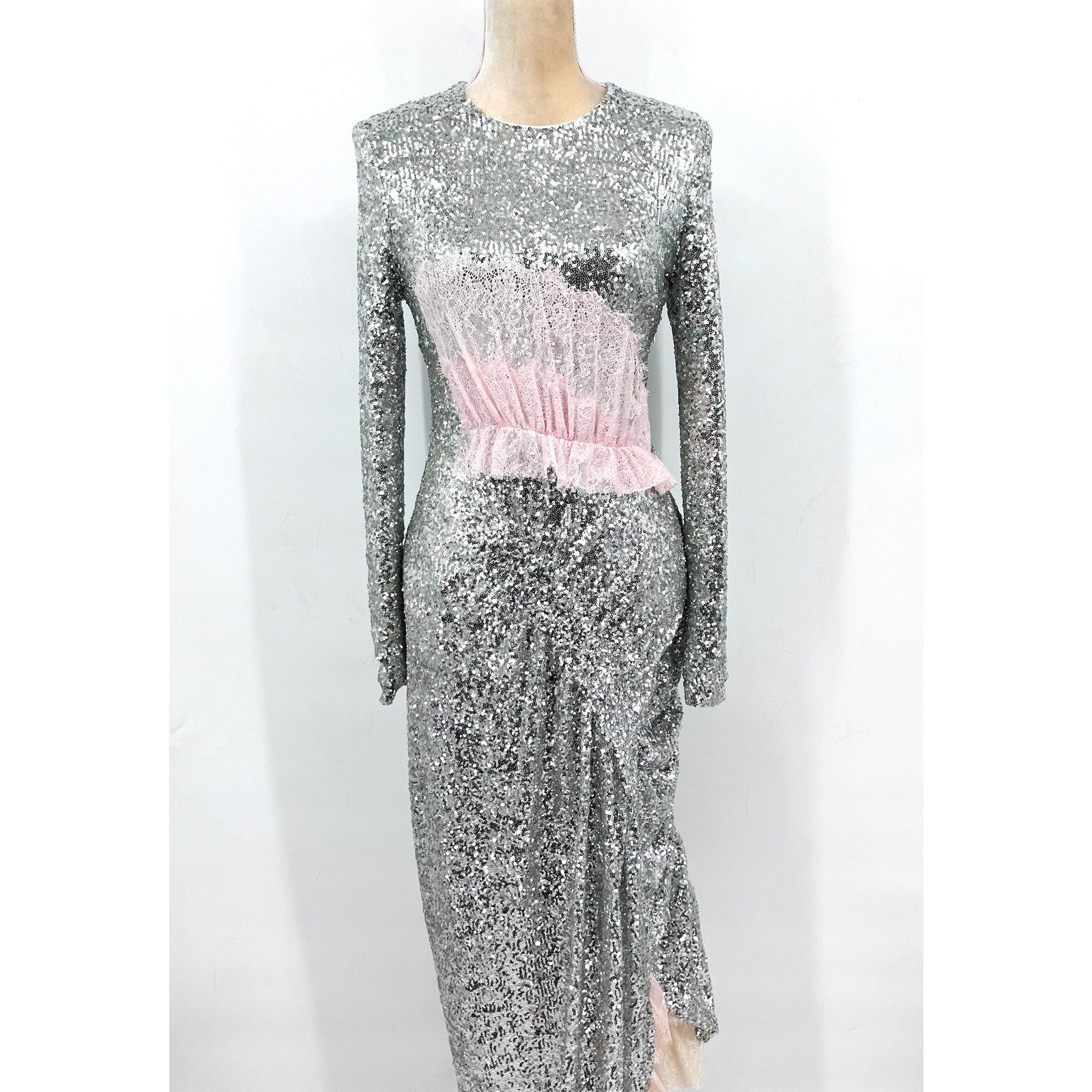 PREEN BY THORNTON BREGAZZI Welda Sequin Dress Medium Silver Long Sleeve NWOT