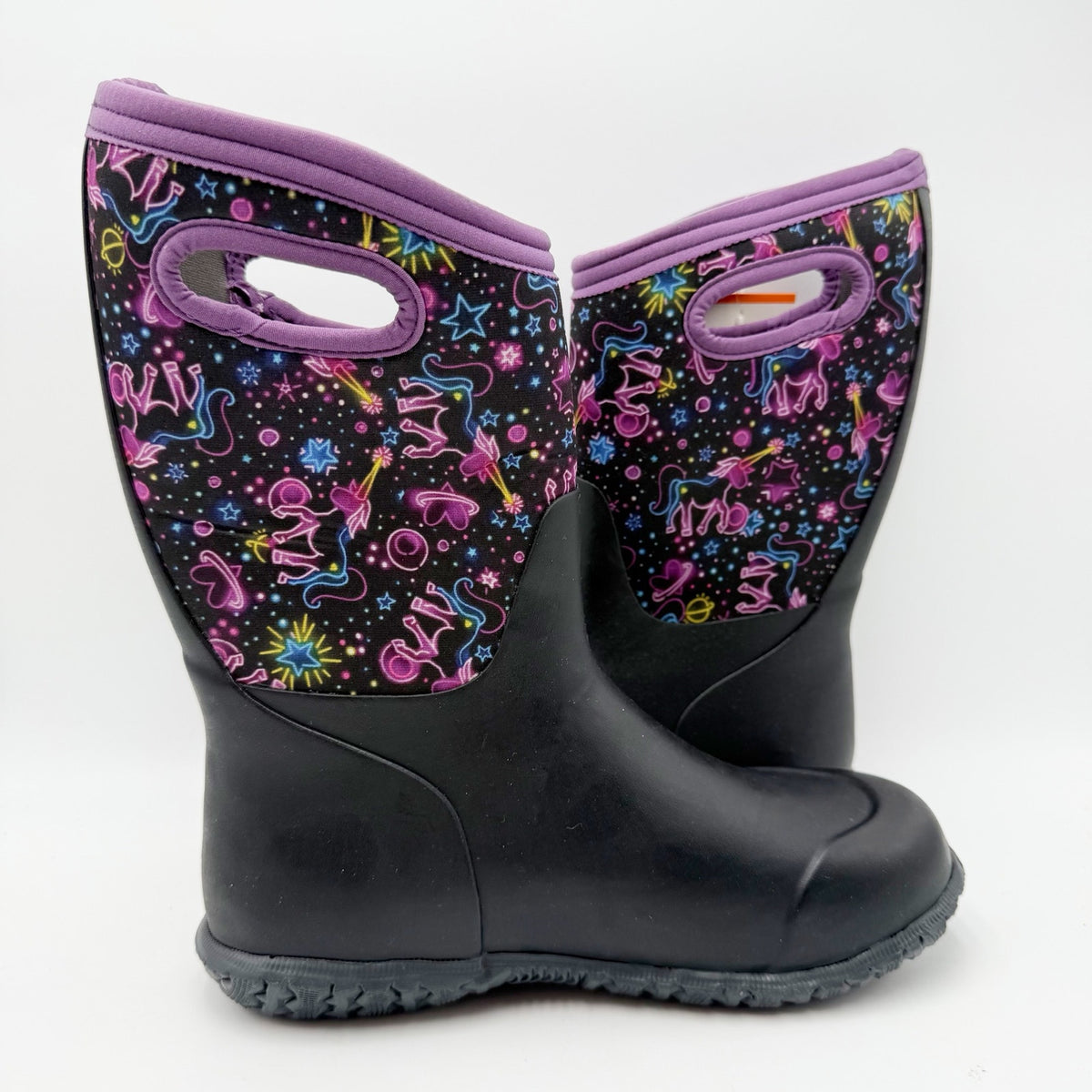 Bogs Girls York Rain Boots Size 5 Black Purple Neon Unicorn Waterproof NWOB