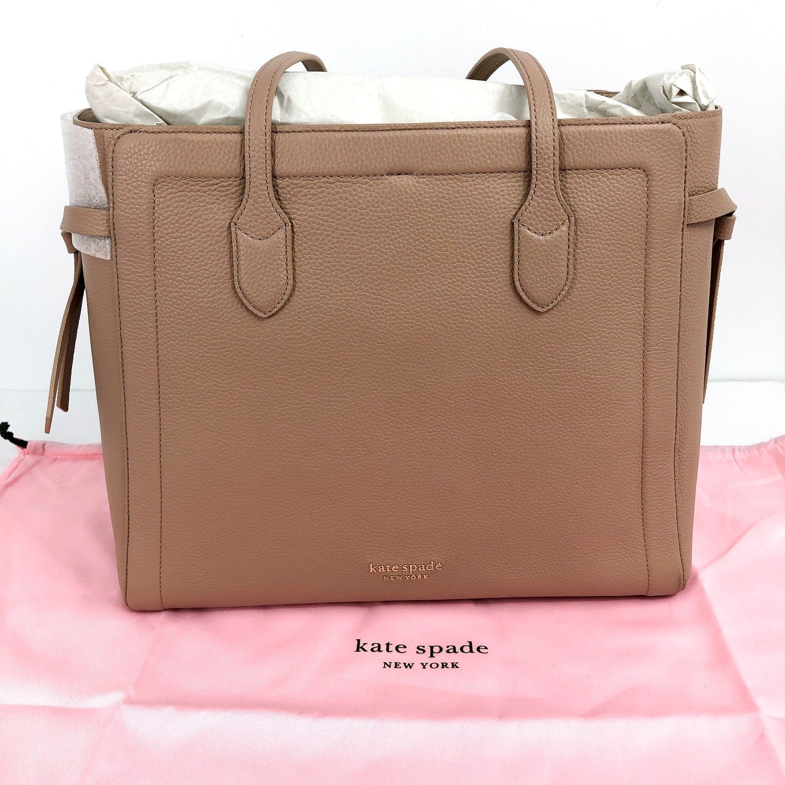 KATE SPADE Knott Large Tote Bag Tan Raw Pecan Shoulder Straps Leather NWT