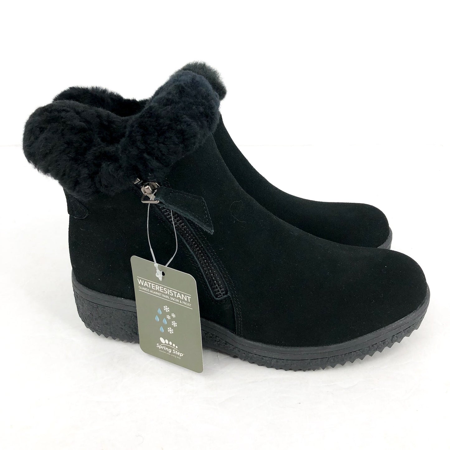 Spring Step Women Republic Ankle Boot US 6.5-7 EU 37 Black Suede WP Faux Fur NIB