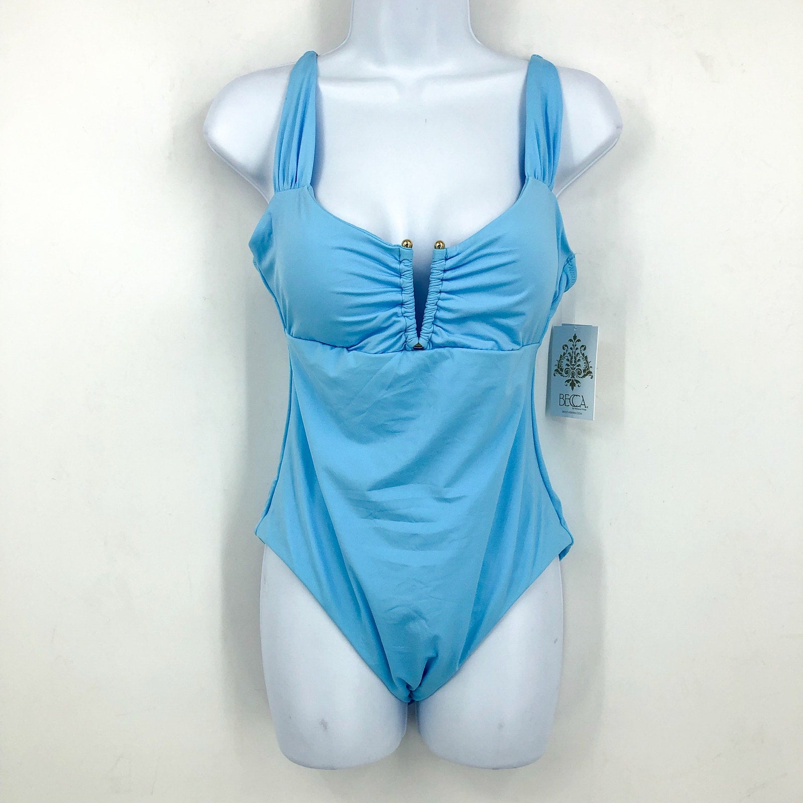 BECCA Color Code Viviana V Wire Plunge One Piece Large Ice Blue Open Back NWT