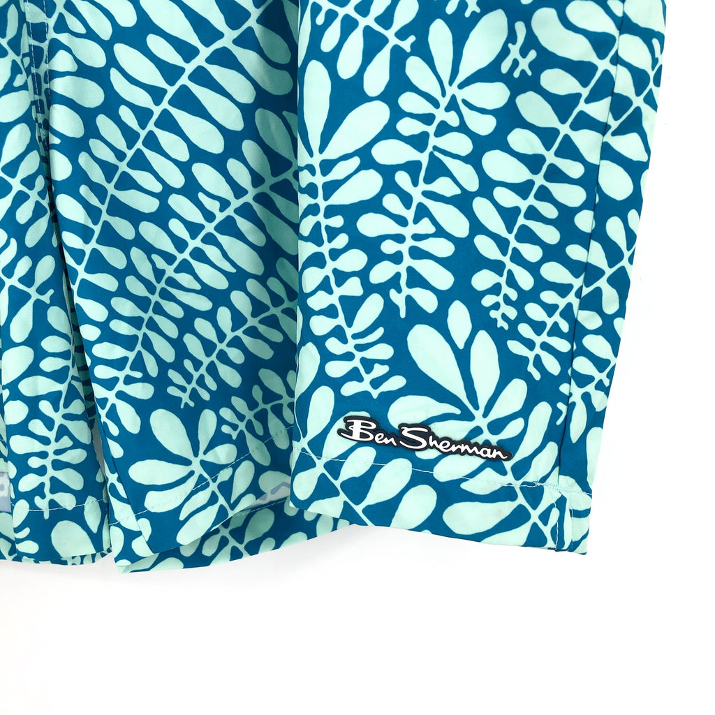 BEN SHERMAN Men's Frond Print Swim Trunks 2XL Blue Aqua Ice Drawstring NWT
