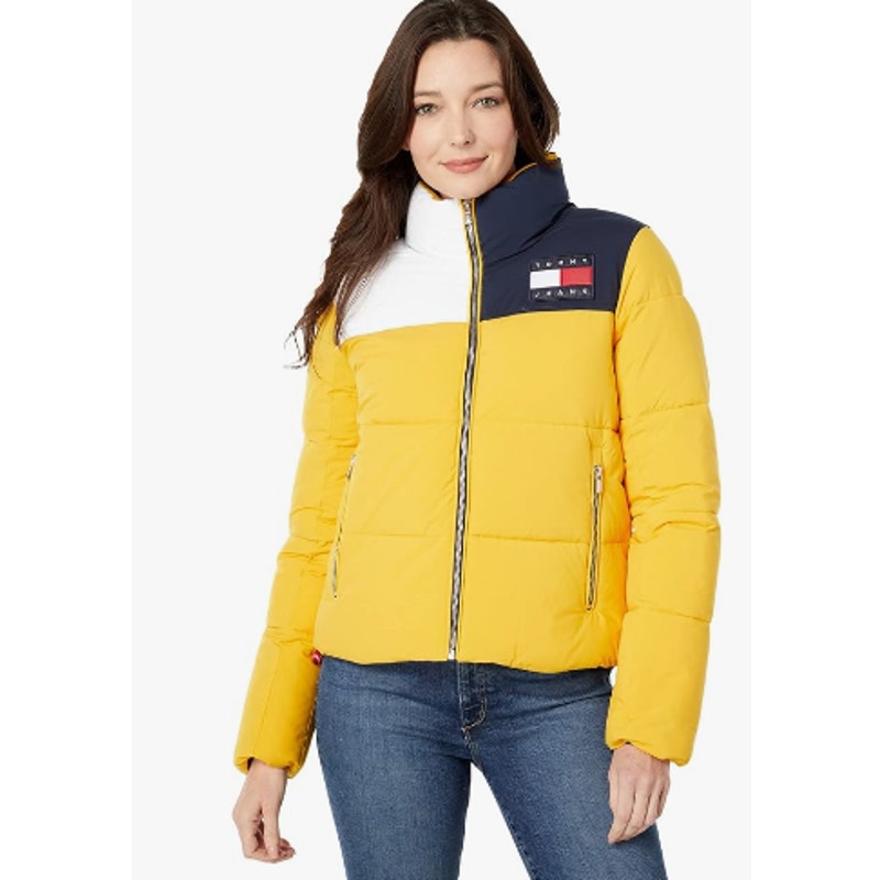 TOMMY JEANS Womens Big Logo Puffer Coat XS Yellow White Blue Ski Jacket NWT