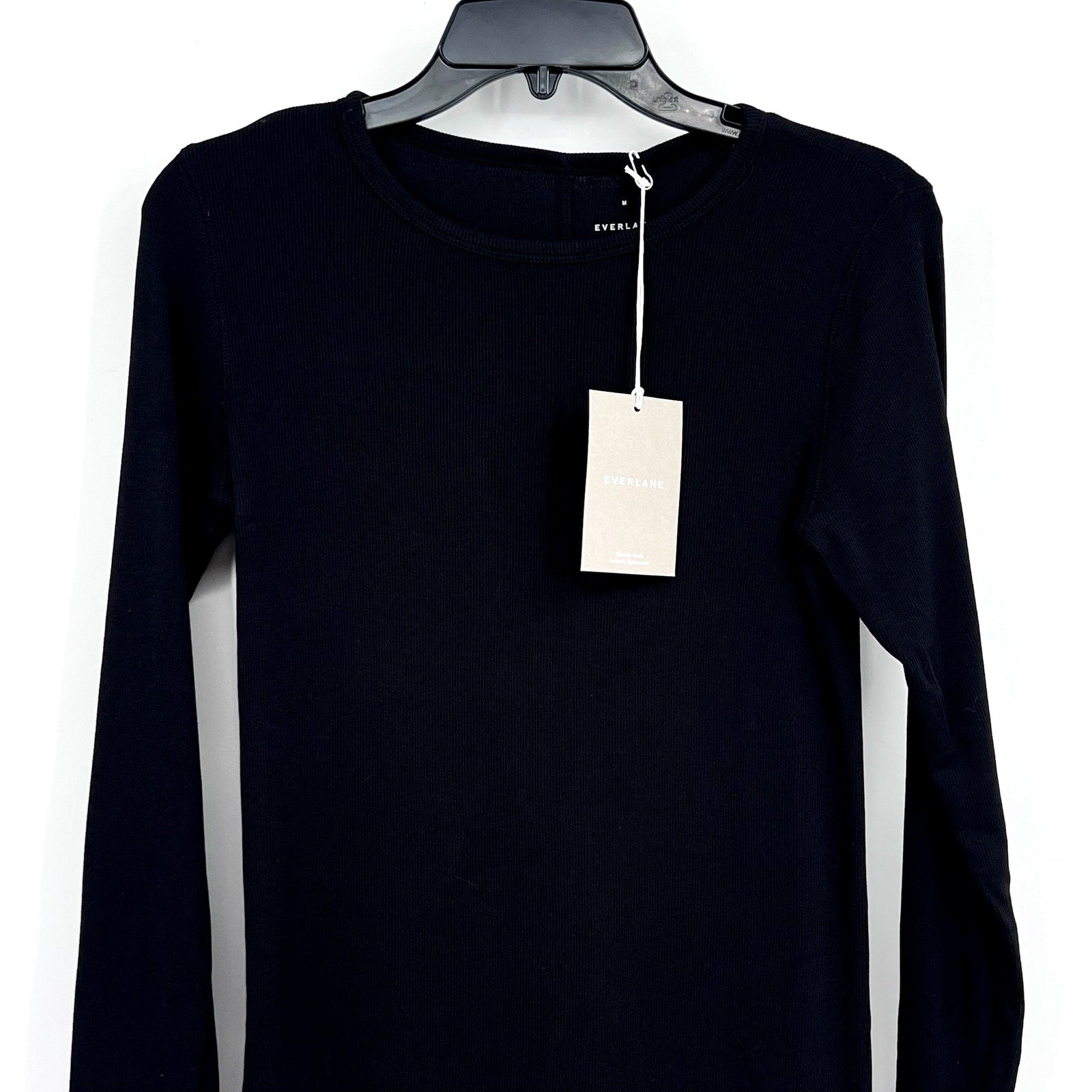 EVERLANE Womens The Luxe Rib Long-Sleeve Crew Tee Medium Black Supima Cotton NWT