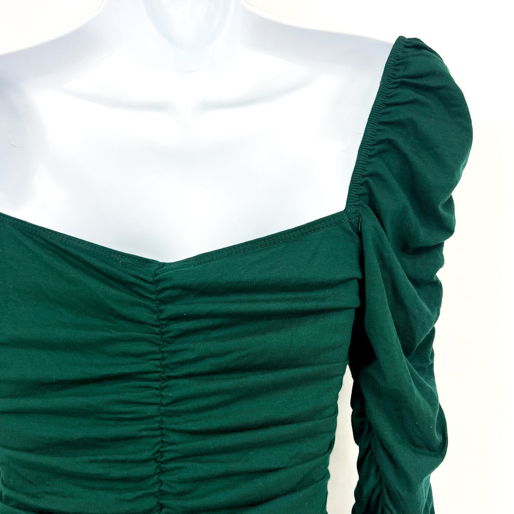 REFORMATION Women's Esra Queen Ann Neck Ruched Blouse Small Emerald Green EUC