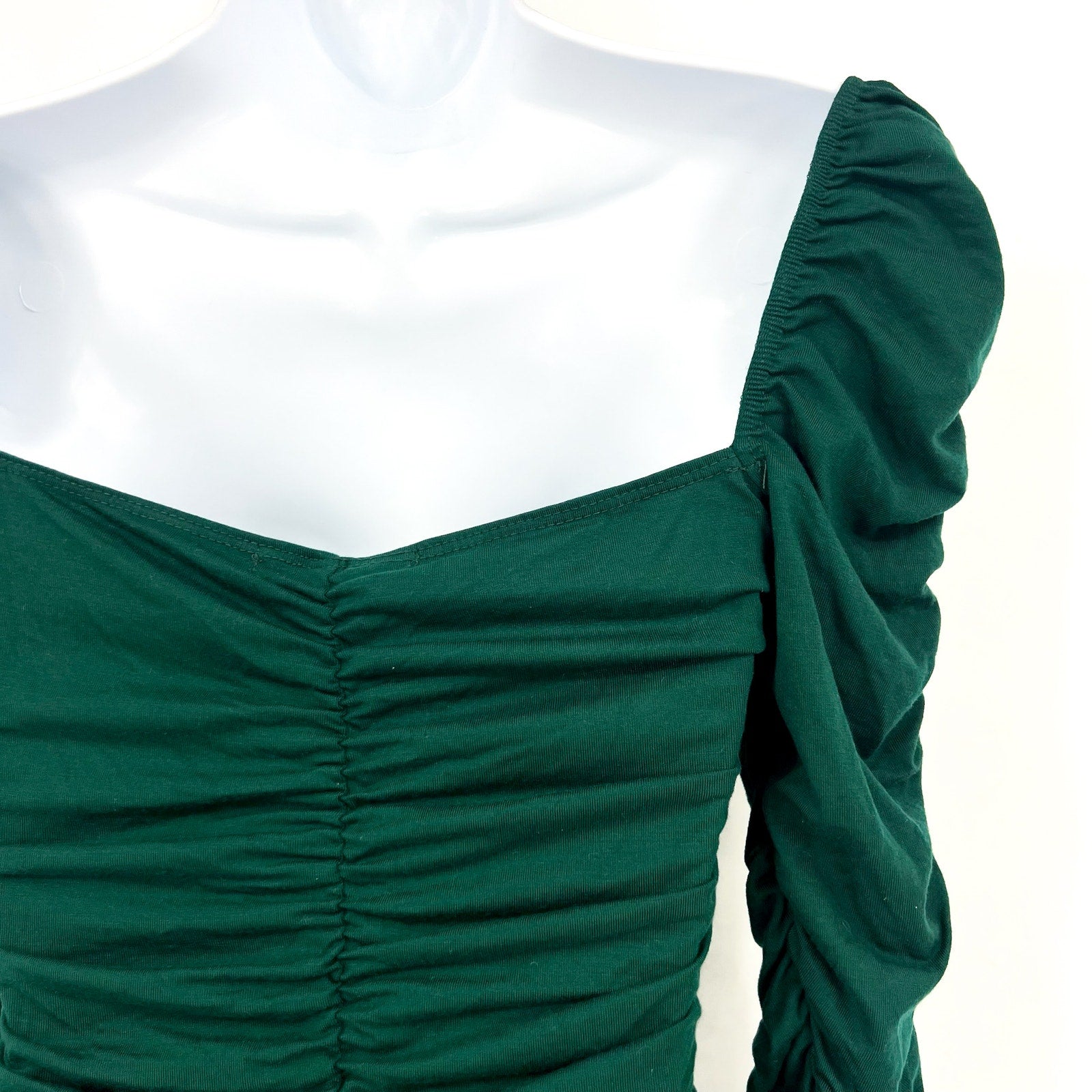 REFORMATION Women's Esra Queen Ann Neck Ruched Blouse Small Emerald Green EUC