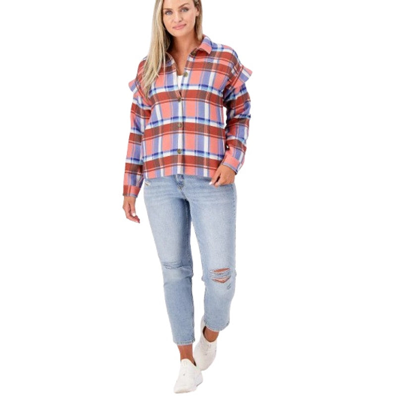 CANDACE CAMERON BURE Ruffle Sleeve Shirt Jacket XS Pink Blossom Plaid NWOT