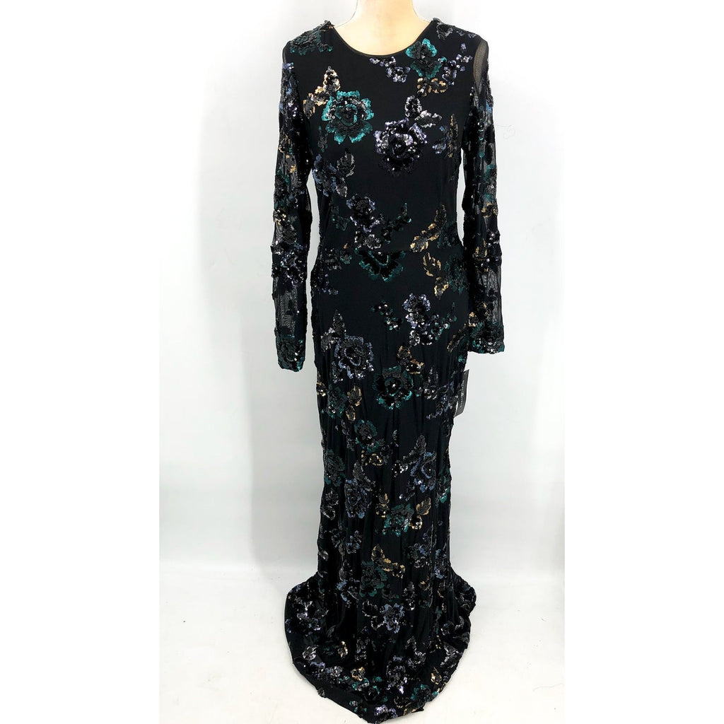 BETSY & ADAM Long Long Sleeve Floral Sequin Gown Size 12 Black & Teal NWT
