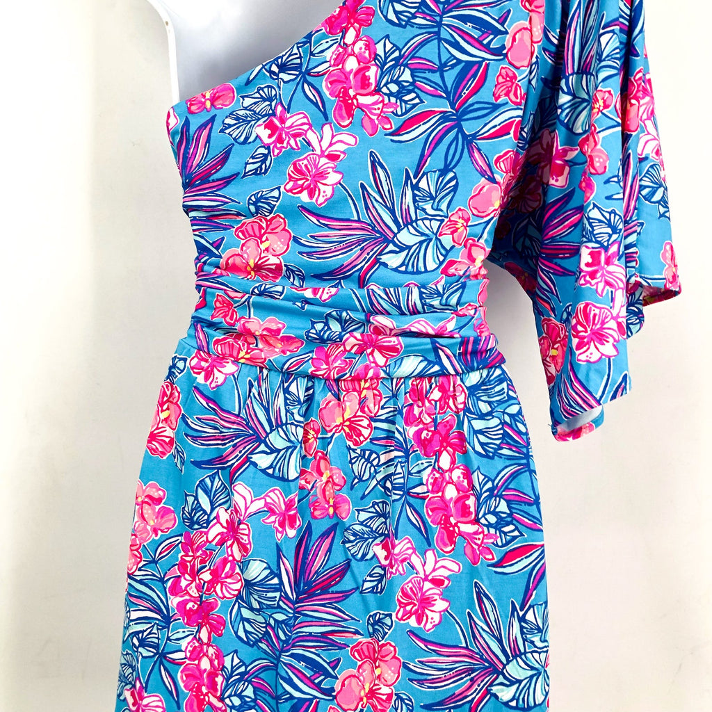 LILLY PULITZER Niki One Shoulder Romper Size 16 Cumulus Blue Orchid Oasis NWT