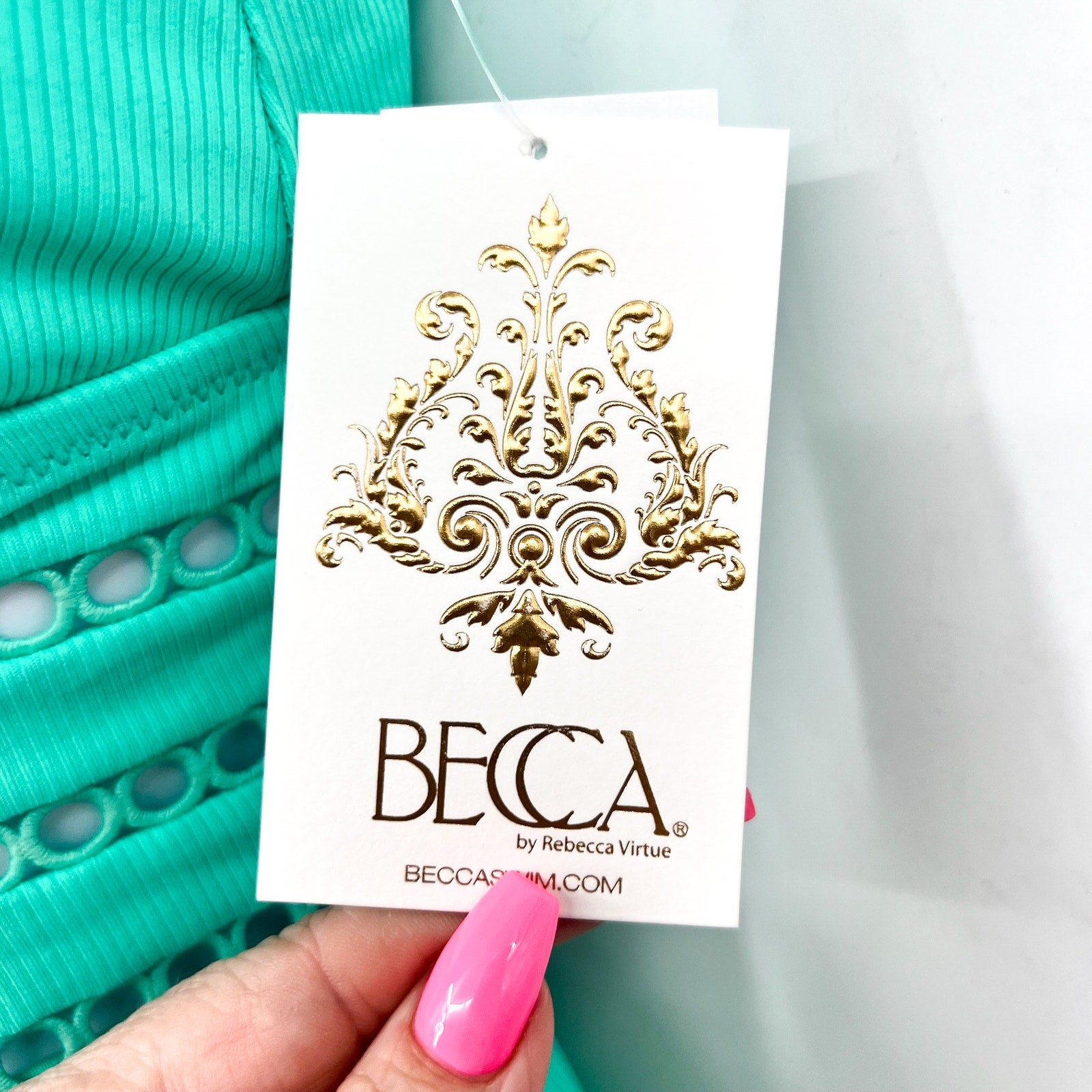 BECCA Modern Edge Toni One-Piece Swimsuit Small Aqua Sea Green Rib Plunge NWT