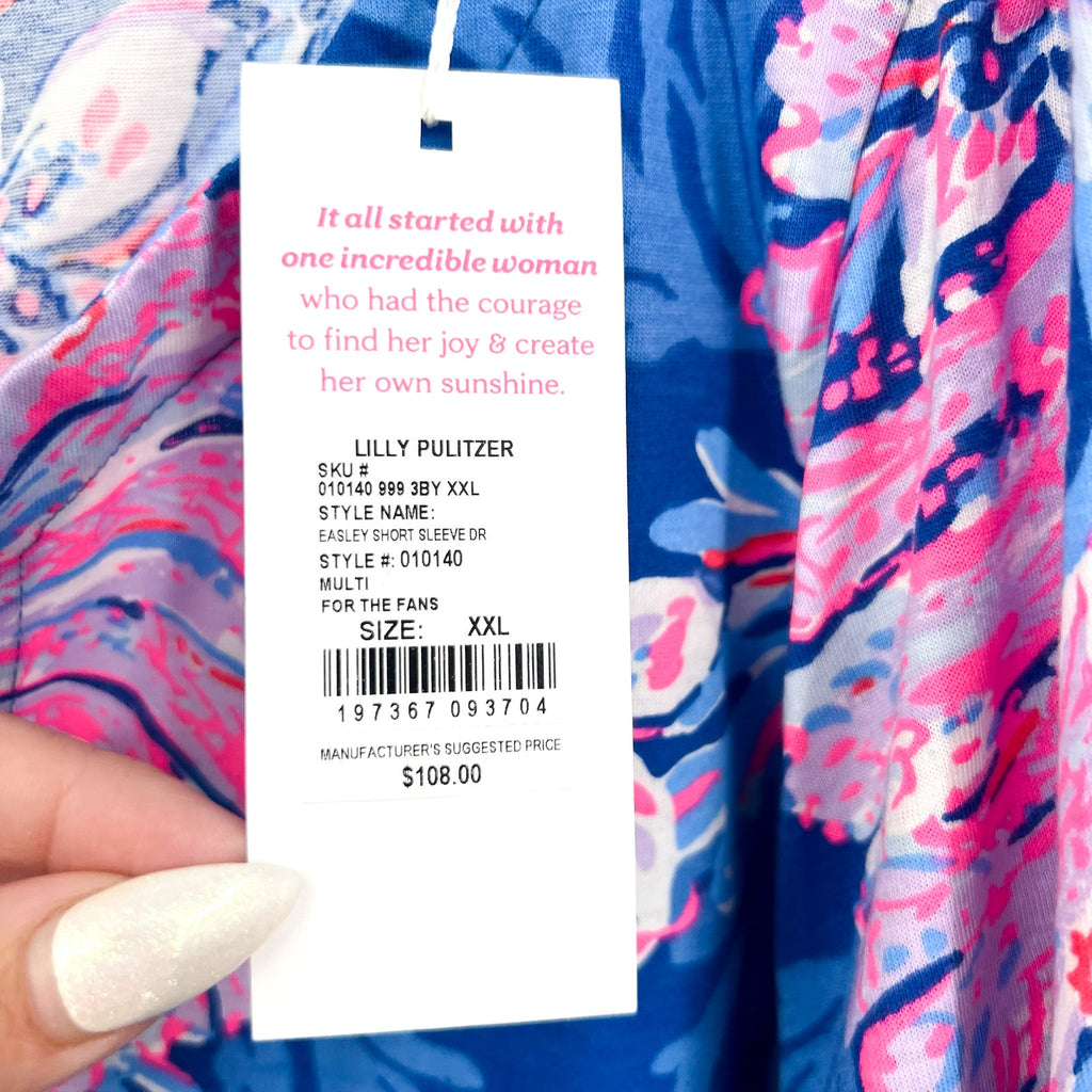 LILLY PULITZER Easley Short Sleeve Dress XXL Blue Pink For the Fans NWT