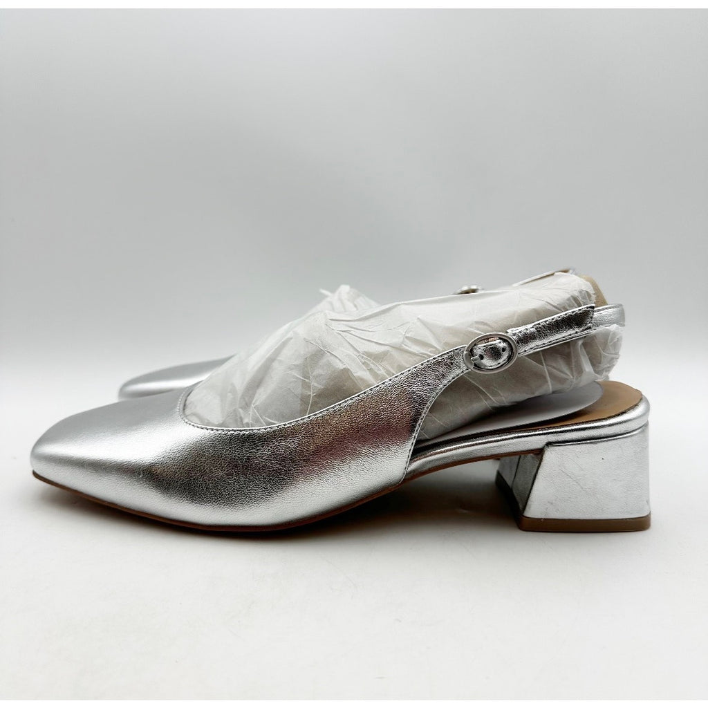 NATURALIZER Womens Jayla Low Slingback Heels Size 8 Wide Silver Leather NWOB