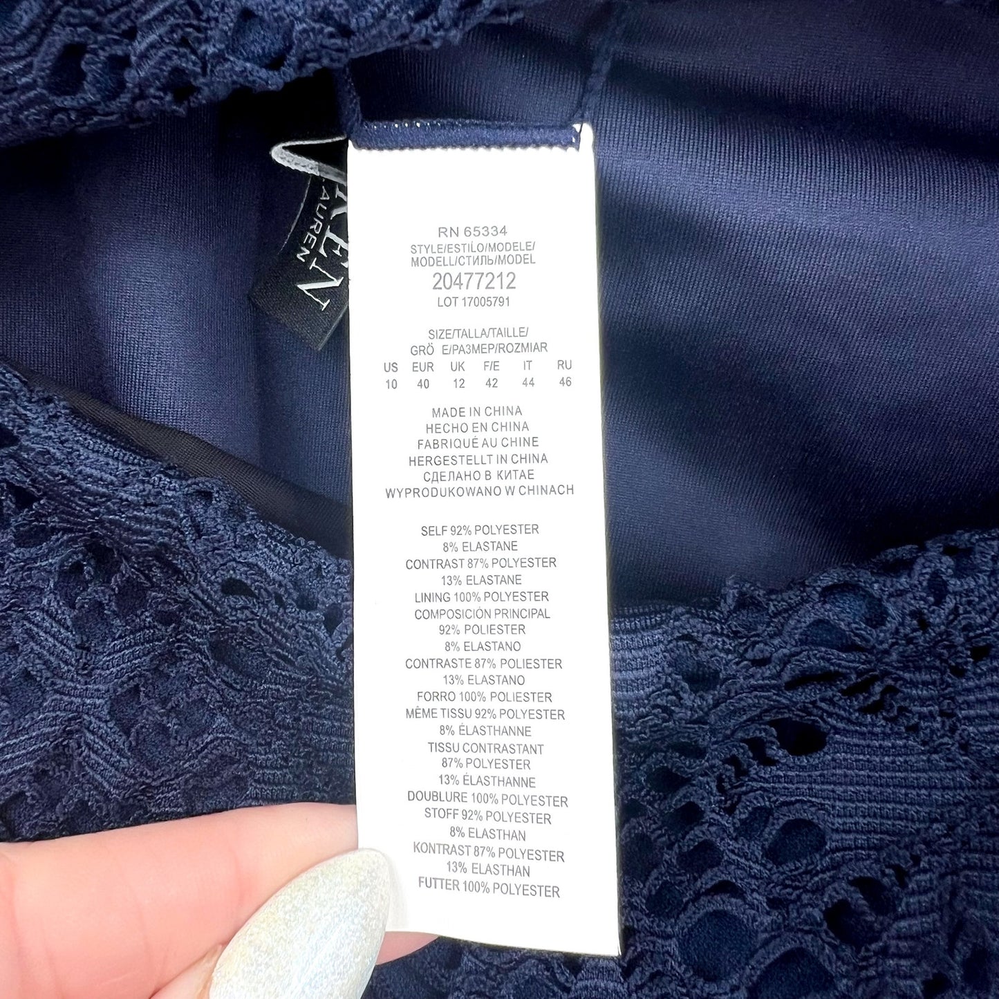 LAUREN RALPH LAUREN One Piece Swimsuit Size 10 Navy Blue Crochet Bandeau NWT