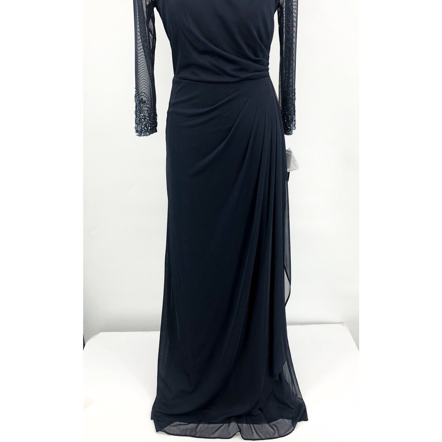 ALEX EVENINGS Illusion Sheath Gown Size 8 Deep Navy Blue Mesh Jeweled Neck NWT