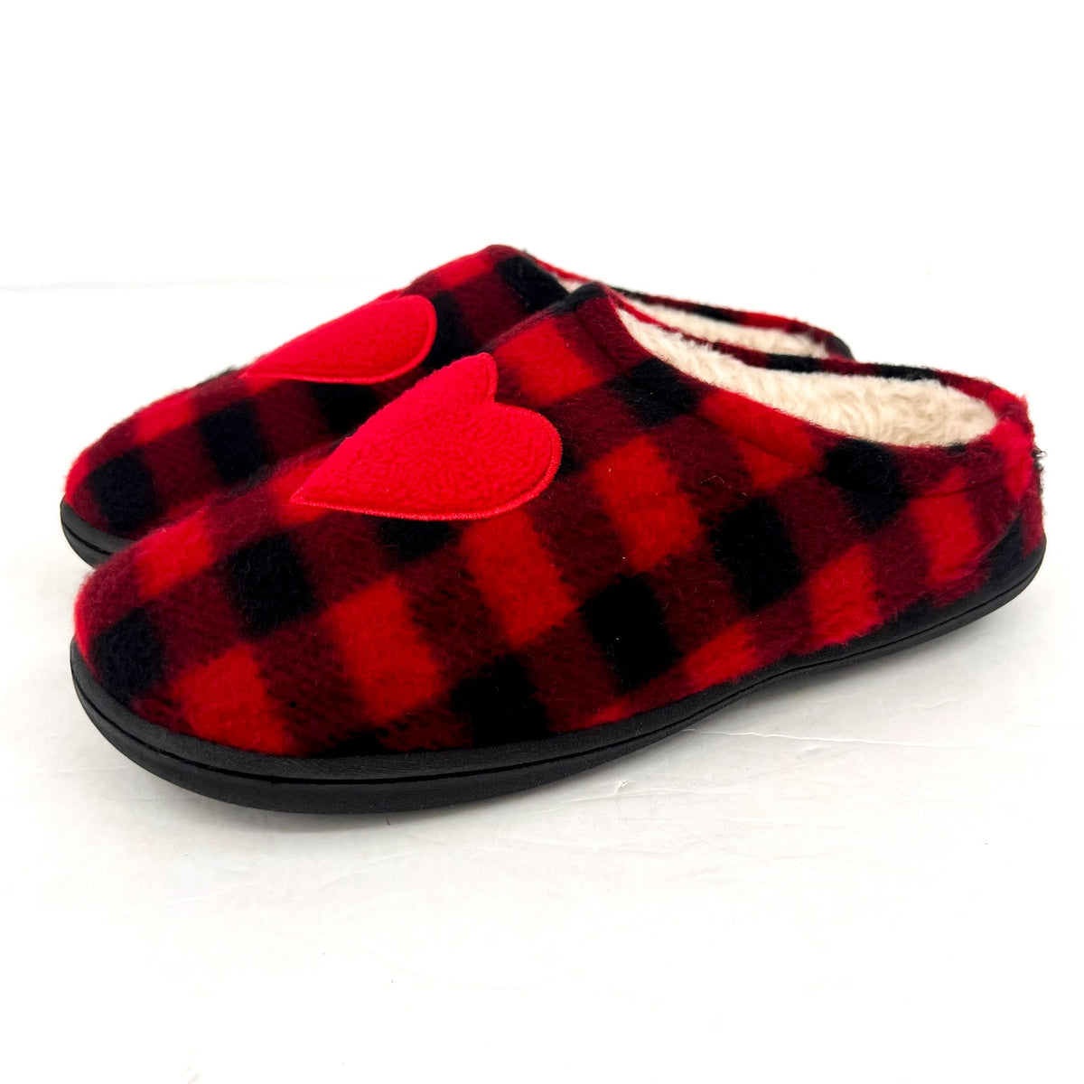 COLDWATER CREEK Women's Faux Fur Heart Slip On Clogs 10M Red Buffalo Plaid NIB