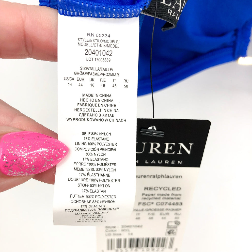 LAUREN RALPH LAUREN Women's Bikini Top Size 14 Royal Blue Beach Club Solids NWT
