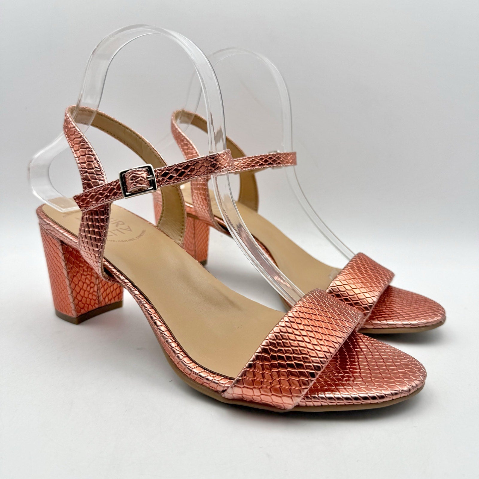 Naturalizer Womens Bristol Heel Sandal 8.5 Wide Orange Metallic Snake Print NWOB