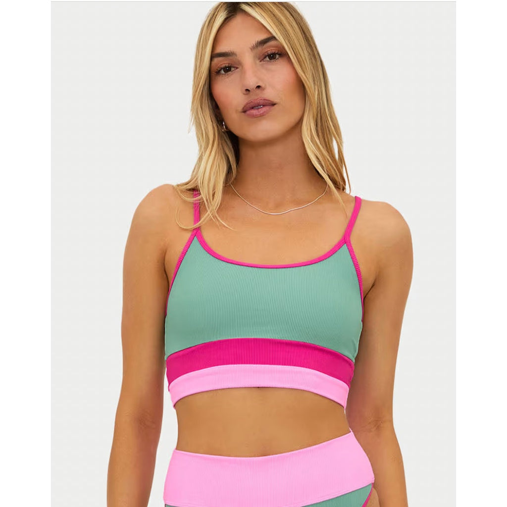 BEACH RIOT Women's Eva Bikini Top Medium Green Pink Sage Bloom Colorblock NWT