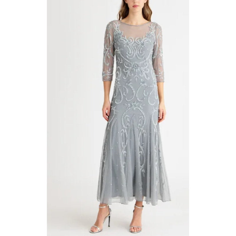 PISARRO NIGHTS Beaded Illusion Neck Gown Size 14 Sky Blue Gray 3/4 Sleeve NWT