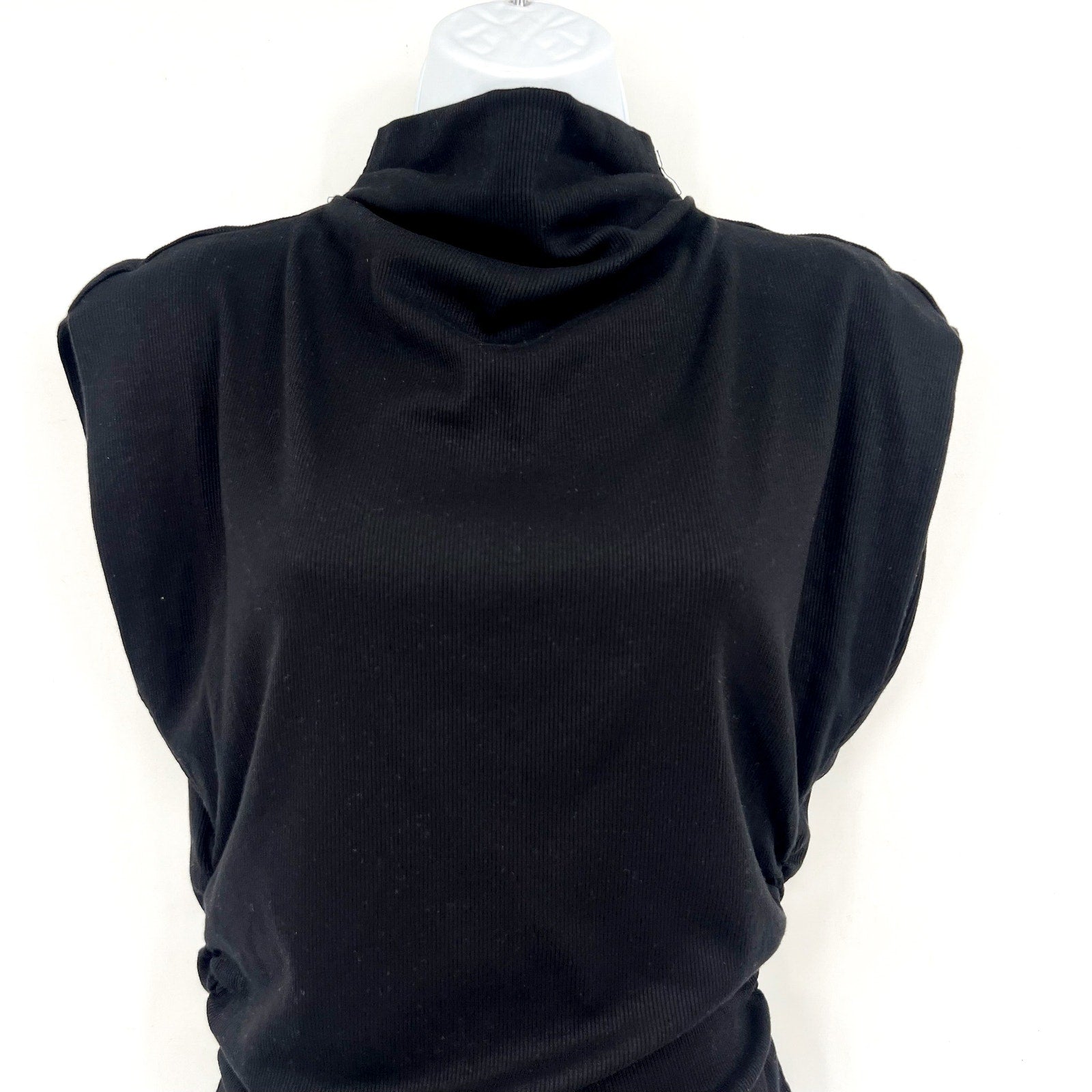 MICHAEL STARS Women's Amara Powershoulder Top Medium Black Mock Neck Ribbed NWT