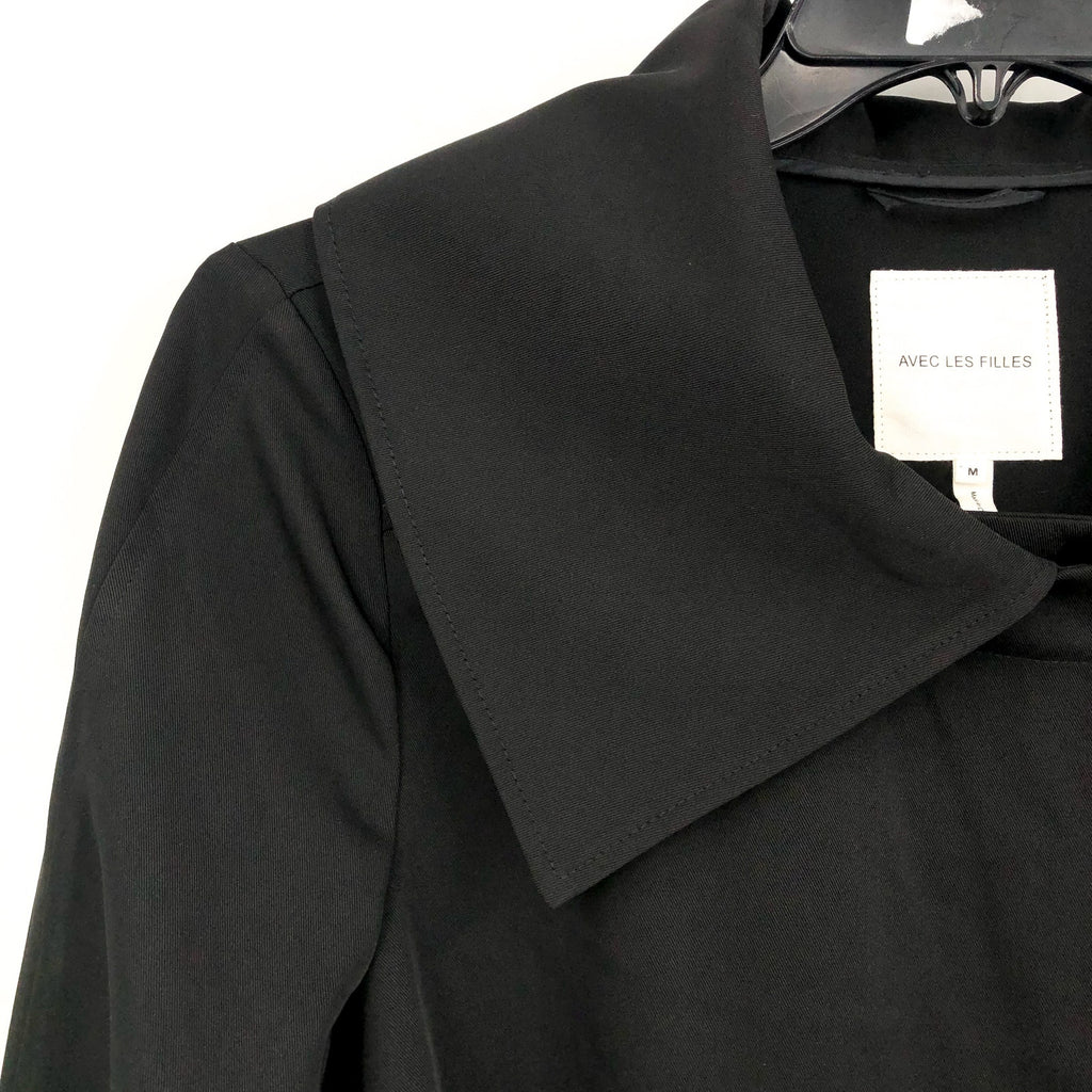 AVEC LES FILLES Womens Drape-Front Trench Coat Medium Black Belted Stretch NWT