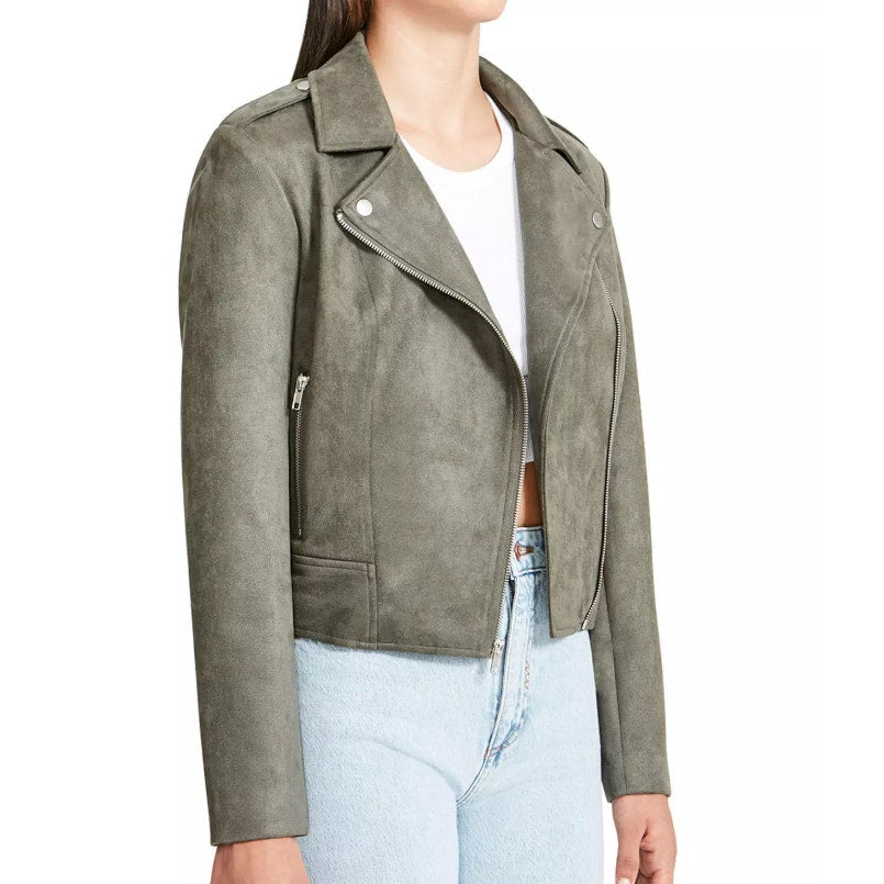 STEVE MADDEN Womens Faux Suede Moto Jacket Medium Olive Green Vegan Leather NWT