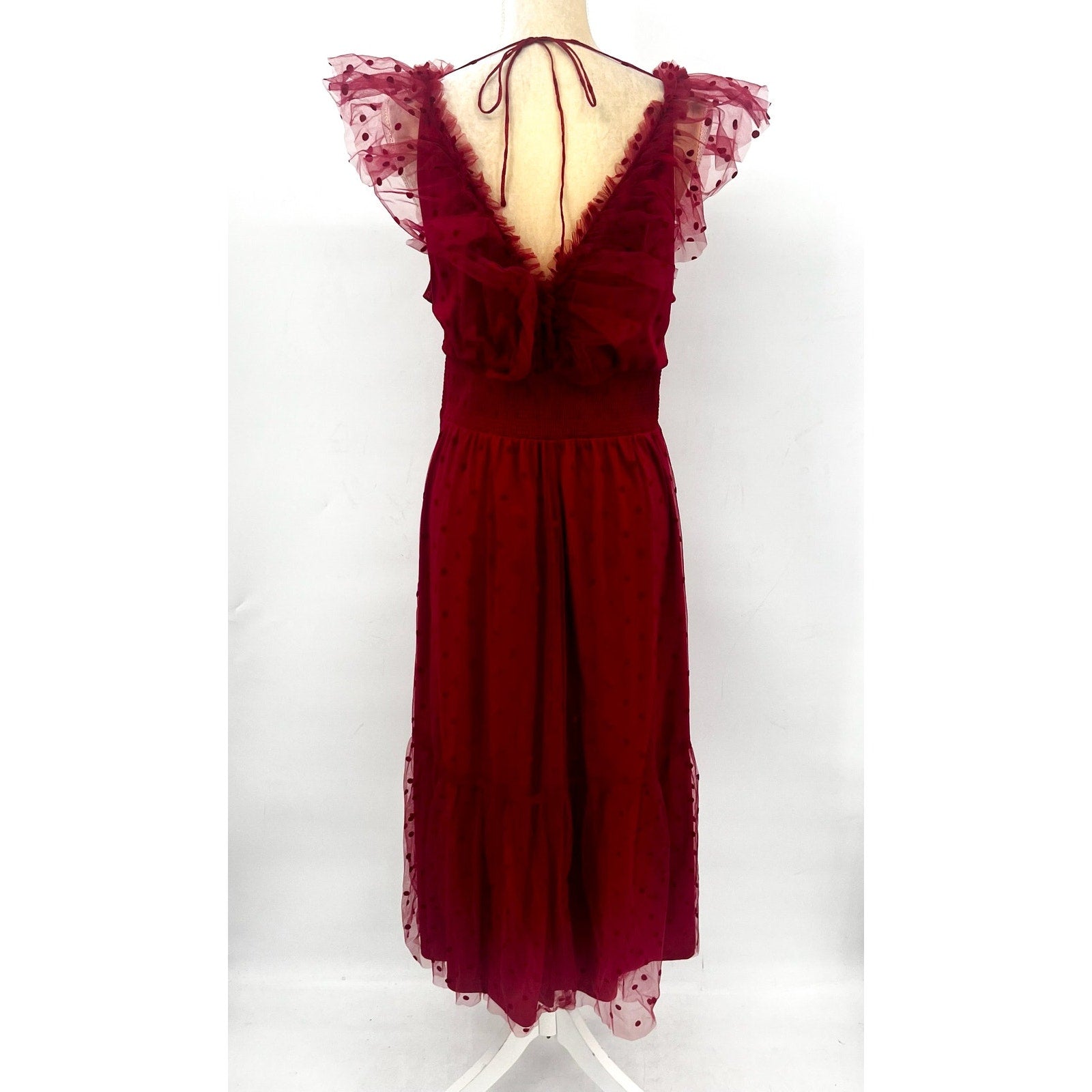 ADRIANNA PAPELL Women's Dot Tulle Ruffle Dress Size 14 Red Sleeveless NWT