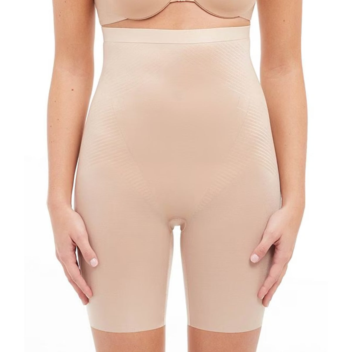SPANX Invisible Shaping High Waisted Mid Thigh Shorts Small Champagne Beige NWT