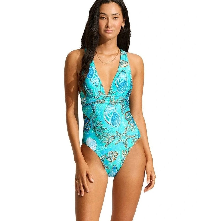 SEAFOLLY La Mer Cross Back One Piece Swimsuit Size 14 Aquatic Blue Print NWT